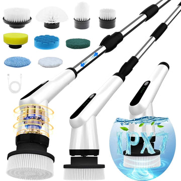 Aixiqee Electric Spin Scrubber (400 RPM, Cordless) – Features 9 replaceable brush heads, two 2500mAh batteries, 3-hour fast charging, and an adjustable extension rod; ideal for cleaning bathroom bathtubs, tiles, and showers.