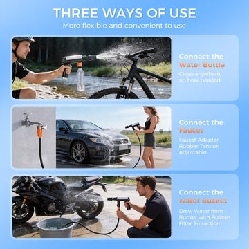 wilody Foldable cordless high-pressure washer featuring a 5-in-1 nozzle, 3-level power adjustment, and an LCD display; supports USB-C and in-vehicle DC charging.