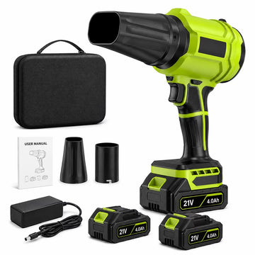 wilody Cordless leaf blower featuring two 4.0Ah batteries, speeds up to 980,000 RPM, and a lightweight, portable design.